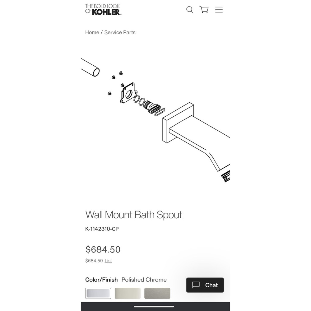 K1142310-CP Kohler Wall Mount Bath Spout Polished Chrome